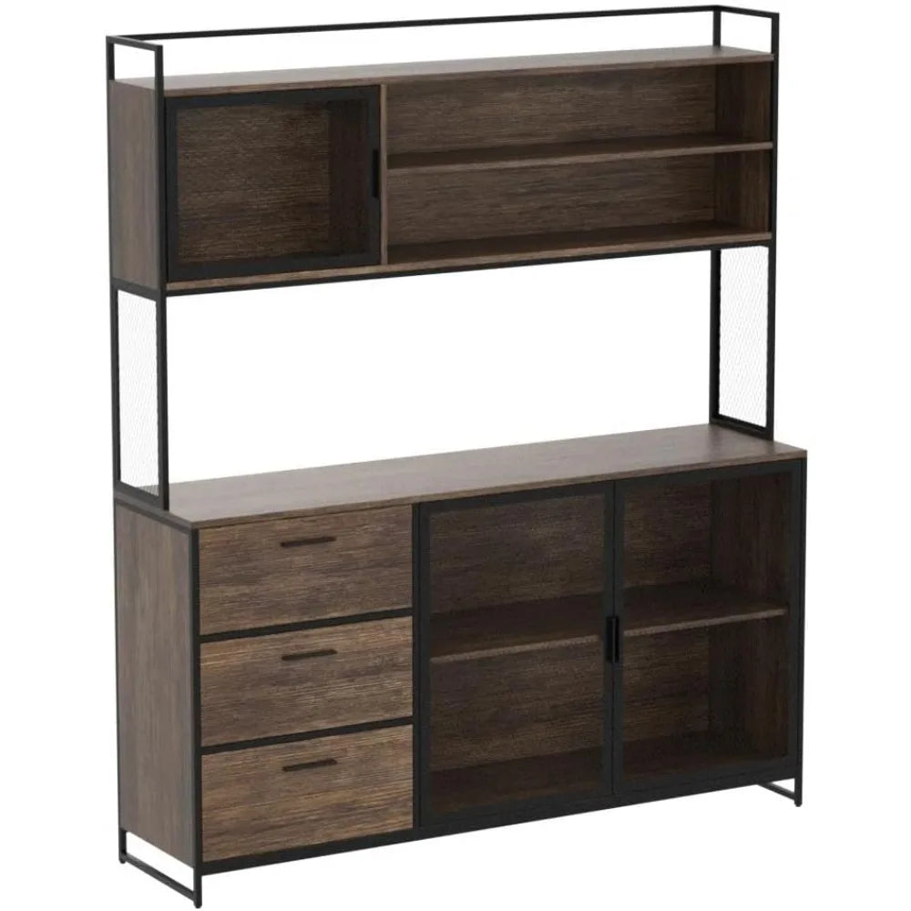 Large Kitchen Hutch Storage Cabinet, Pantry Cabinets with Hutch, Metal Frame Cupboard with Mesh Door, Drawer & Microwave Shelf,