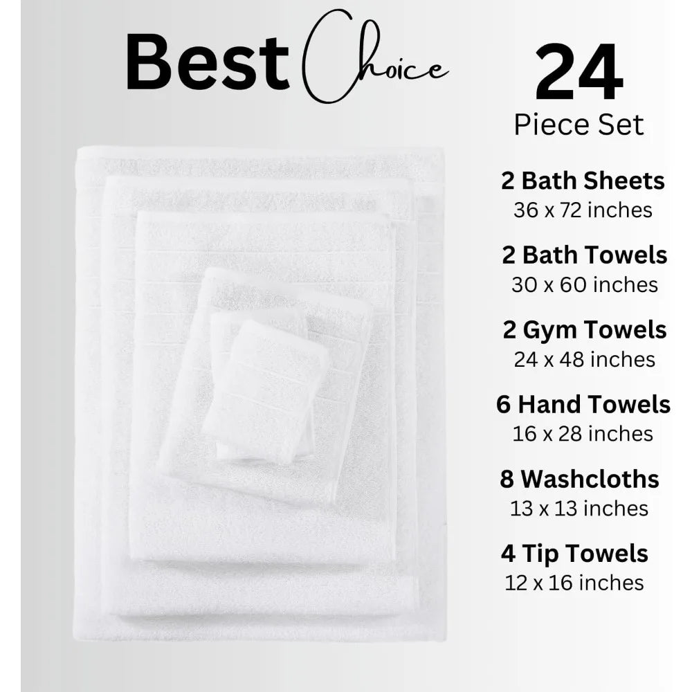 100% Cotton Bathroom Towels Set - 24 Pieces - Ring Spun, Soft & Absorbent - 2 Bath Sheets, 2 Gym, 2 Bath, 4 Fingertip,