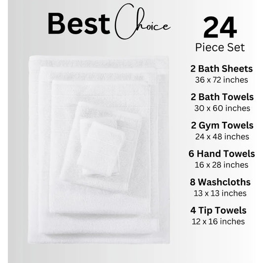 100% Cotton Bathroom Towels Set - 24 Pieces - Ring Spun, Soft & Absorbent - 2 Bath Sheets, 2 Gym, 2 Bath, 4 Fingertip,
