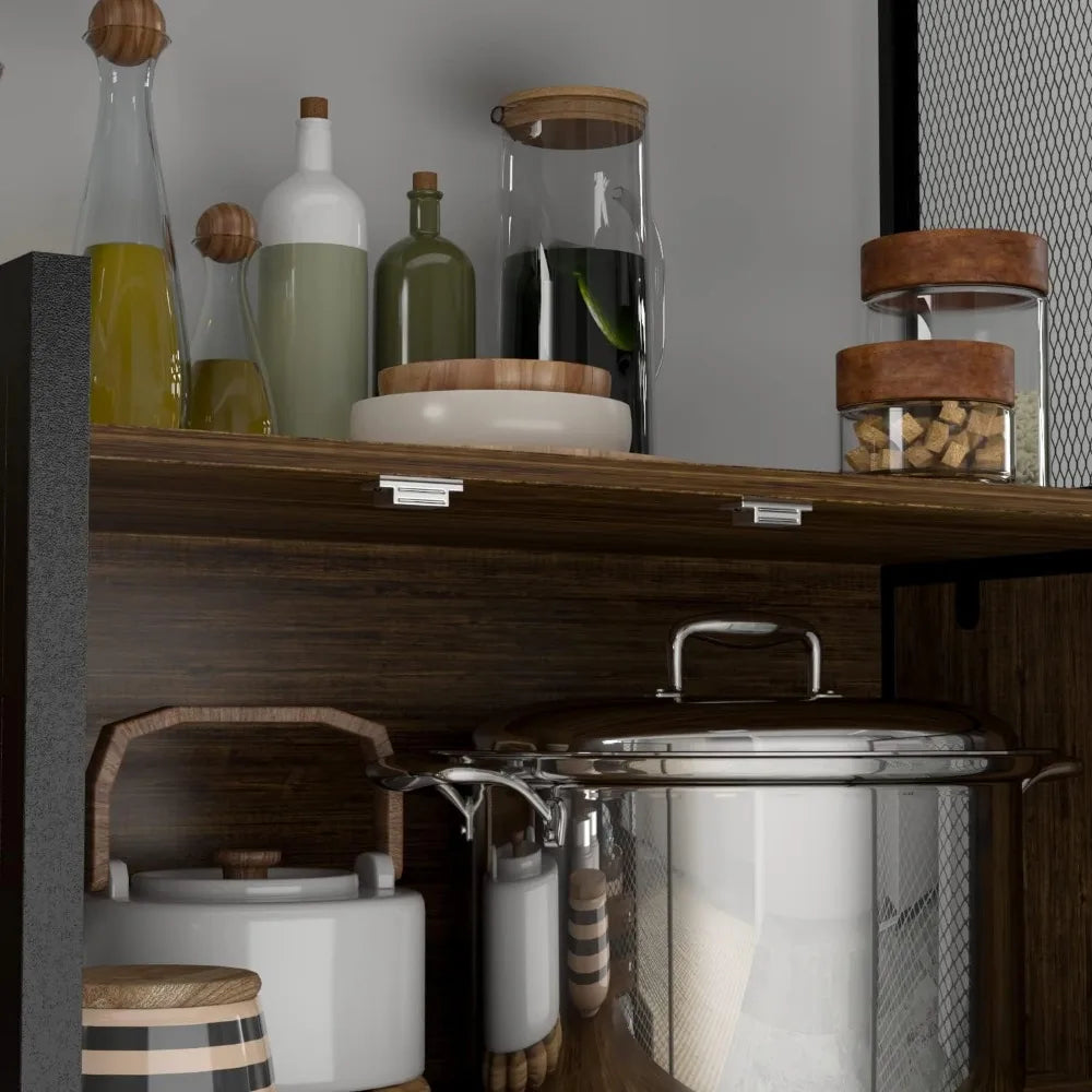 Large Kitchen Hutch Storage Cabinet, Pantry Cabinets with Hutch, Metal Frame Cupboard with Mesh Door, Drawer & Microwave Shelf,