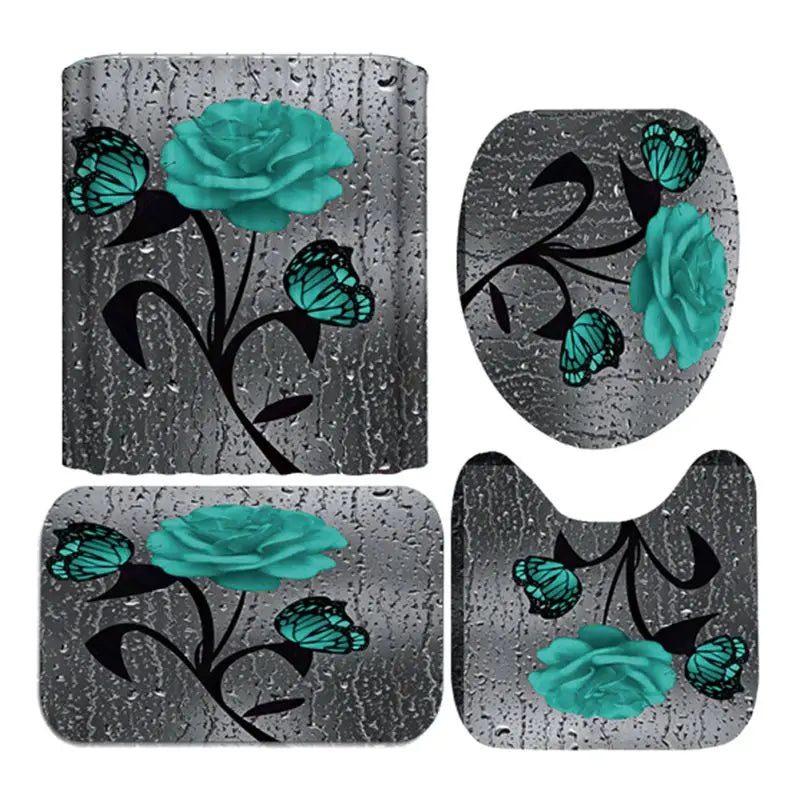 4pcs Set Doormat Shower Curtain with Non-Slip Rugs Toilet Seat Cover Bath Carpet Durable Waterproof Bathroom Home Entrance Decor