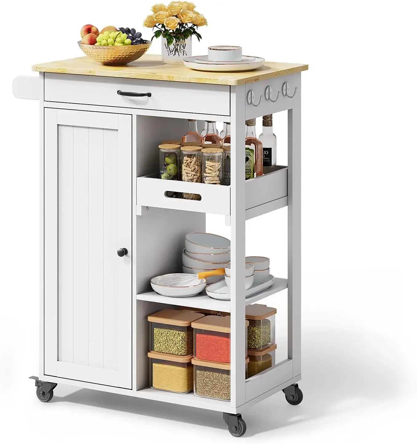 Kitchen Island Cart with Solid Wood Top, Rolling Serving Utility Trolley Cart with Drawer, Cabinet, Towel Rack, Hooks
