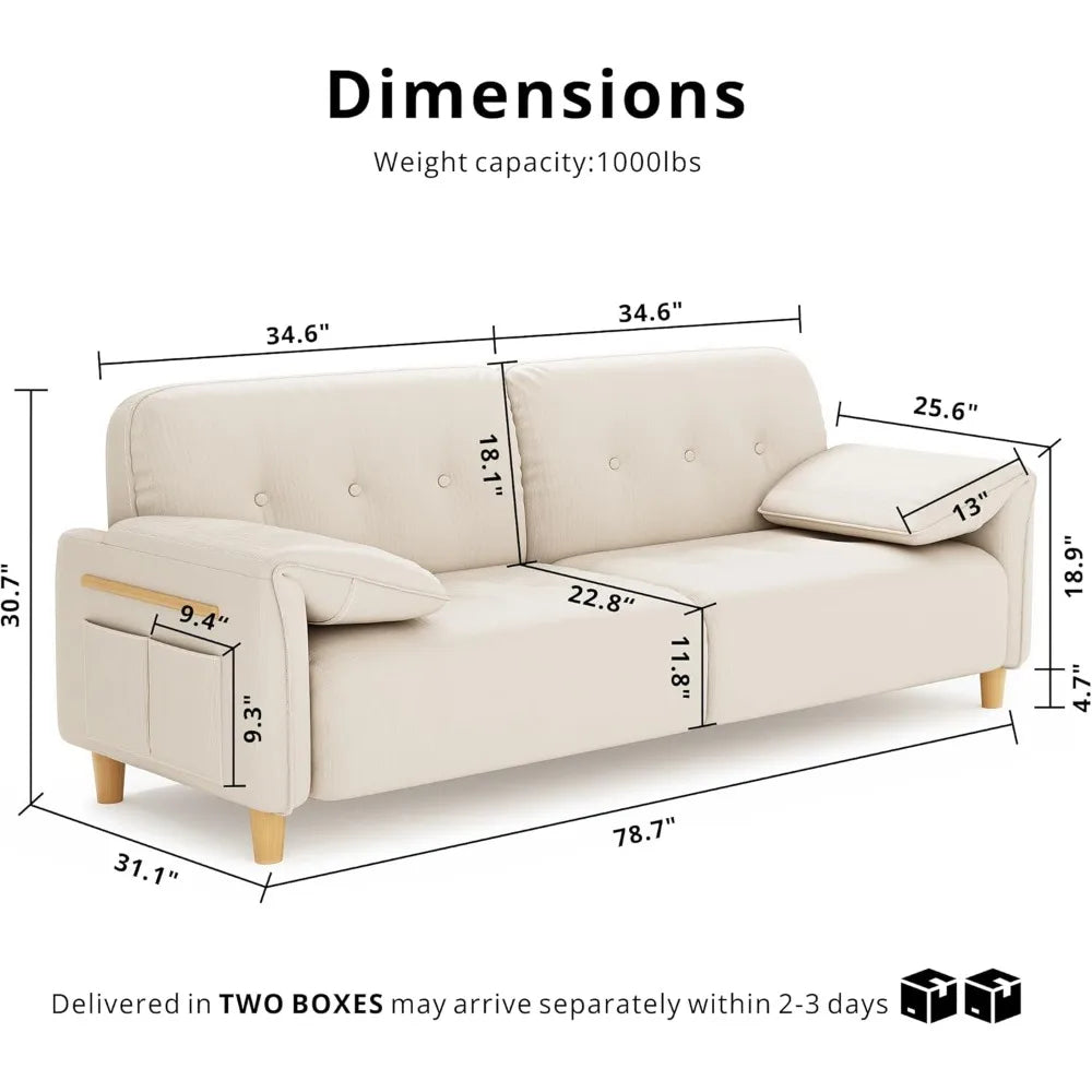 Couches for Living Room, Comfy Oversized Loveseat Sofas with Pillow Top Arms, Storage Pockets, Deep Seat, 79" 2-Seater Modern C