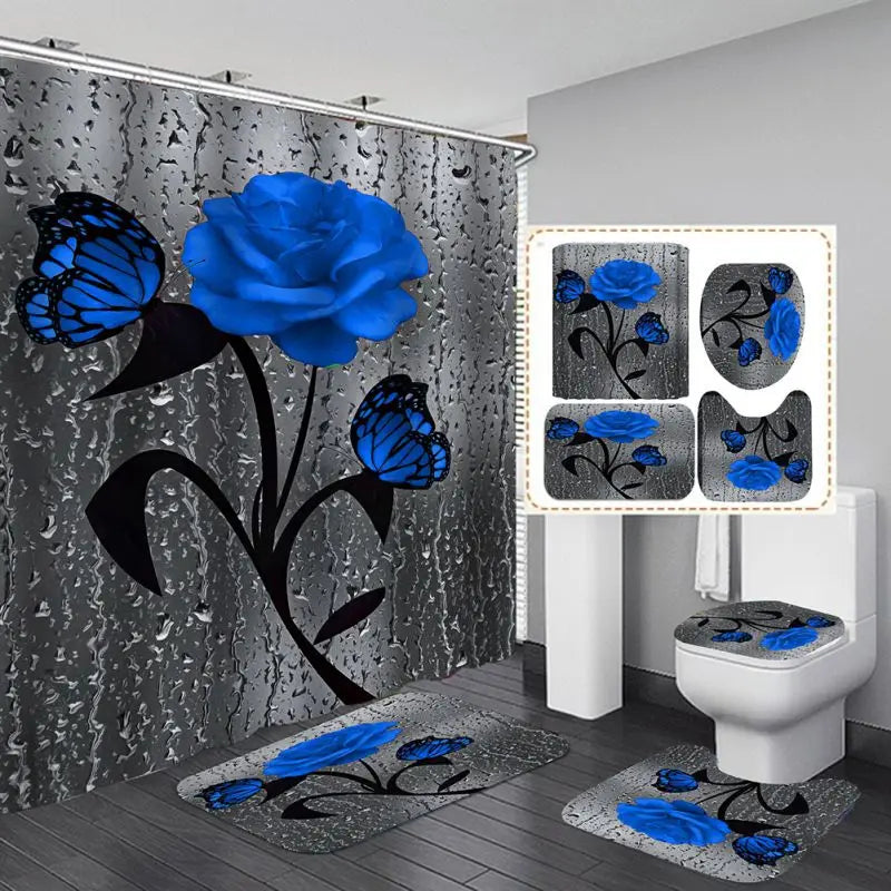 4pcs Set Doormat Shower Curtain with Non-Slip Rugs Toilet Seat Cover Bath Carpet Durable Waterproof Bathroom Home Entrance Decor