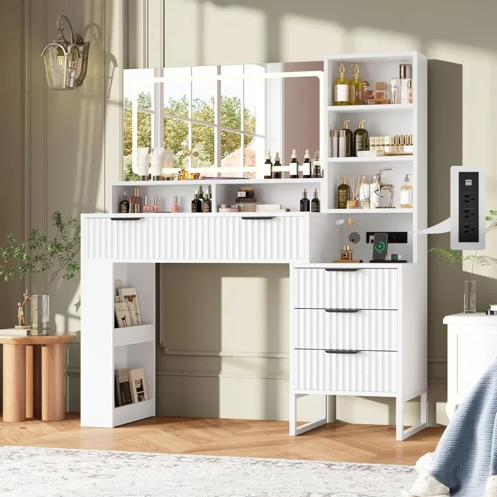 Fluted Vanity Desk with Mirror and Lights,48" Large Makeup Vanity Desk with Charging Station,Dressing Table with 4 Drawers