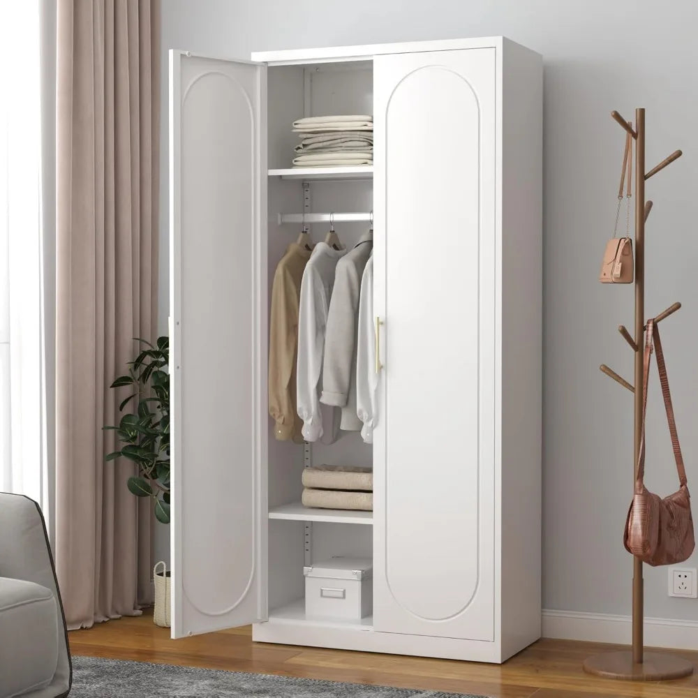 Metal Armoire Wardrobe Closet with Hanging Rod,71" Tall Wardrobe Cabinet with Doors and Adjustable Shelves,White Clothing Storag