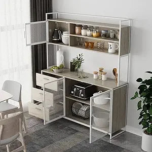 Large Kitchen Hutch Storage Cabinet, Pantry Cabinets with Hutch, Metal Frame Cupboard with Mesh Door, Drawer & Microwave Shelf,