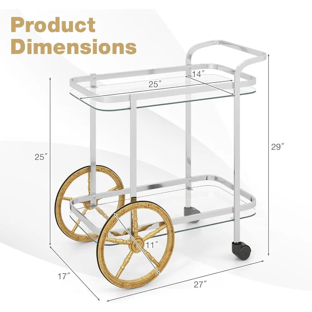 Bar Cart for The Home, 2-Tier Rolling Tempered Glass Serving Cart, 2 Large Gold Aluminum Wheels & 2 Casters, Handle, Stainless
