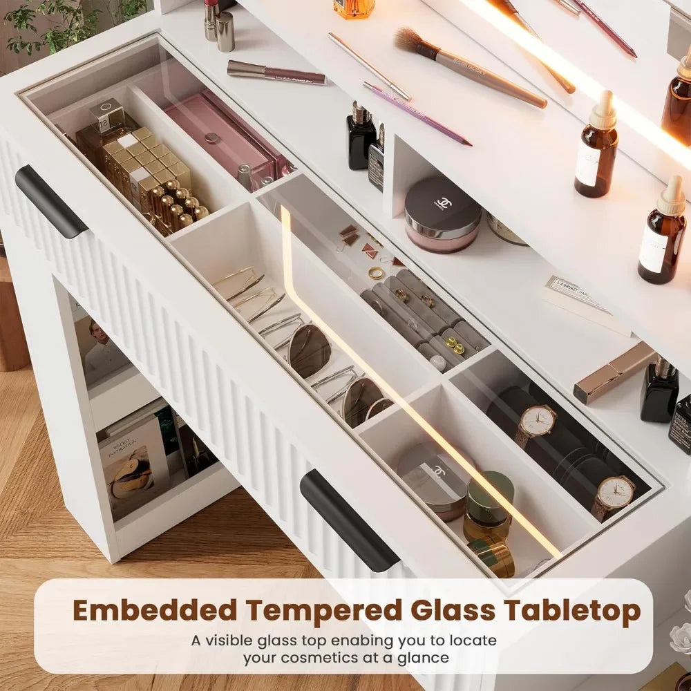 Fluted Vanity Desk with Mirror and Lights,48" Large Makeup Vanity Desk with Charging Station,Dressing Table with 4 Drawers