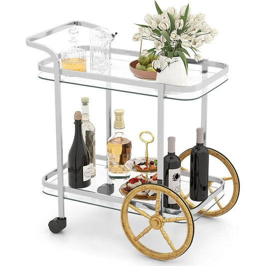 Bar Cart for The Home, 2-Tier Rolling Tempered Glass Serving Cart, 2 Large Gold Aluminum Wheels & 2 Casters, Handle, Stainless