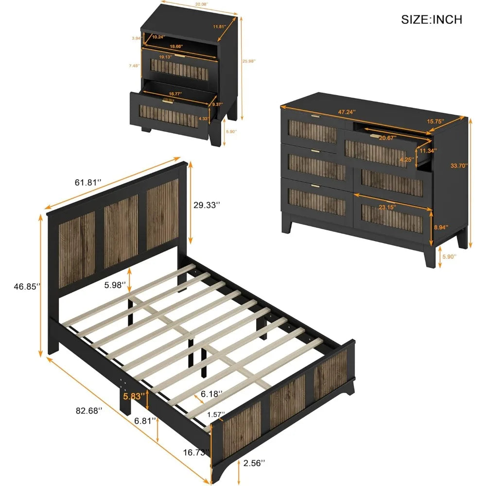 4 Piece Queen Bedroom Set, Queen Size Platform Bed with Wooden Strip Stickers Decoration, 2 Nightstands and Dresser, 4 Piece Fa