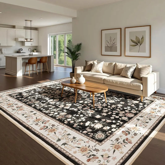 Area Rugs, Washable Rugs for Living Room Vintage Floral Print Bedroom Rug Soft Low Pile Non Slip Carpet for Living Room