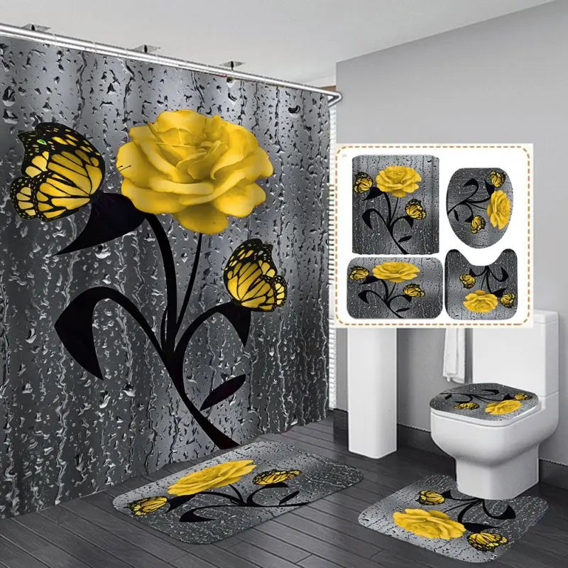 4pcs Set Doormat Shower Curtain with Non-Slip Rugs Toilet Seat Cover Bath Carpet Durable Waterproof Bathroom Home Entrance Decor