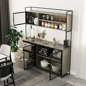 Large Kitchen Hutch Storage Cabinet, Pantry Cabinets with Hutch, Metal Frame Cupboard with Mesh Door, Drawer & Microwave Shelf,