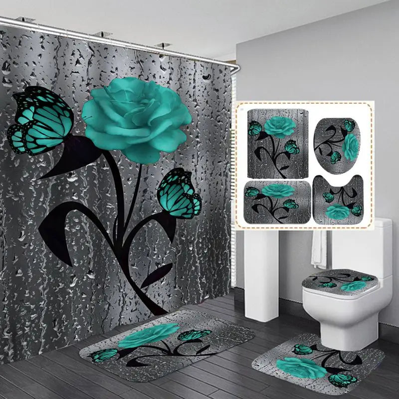 4pcs Set Doormat Shower Curtain with Non-Slip Rugs Toilet Seat Cover Bath Carpet Durable Waterproof Bathroom Home Entrance Decor