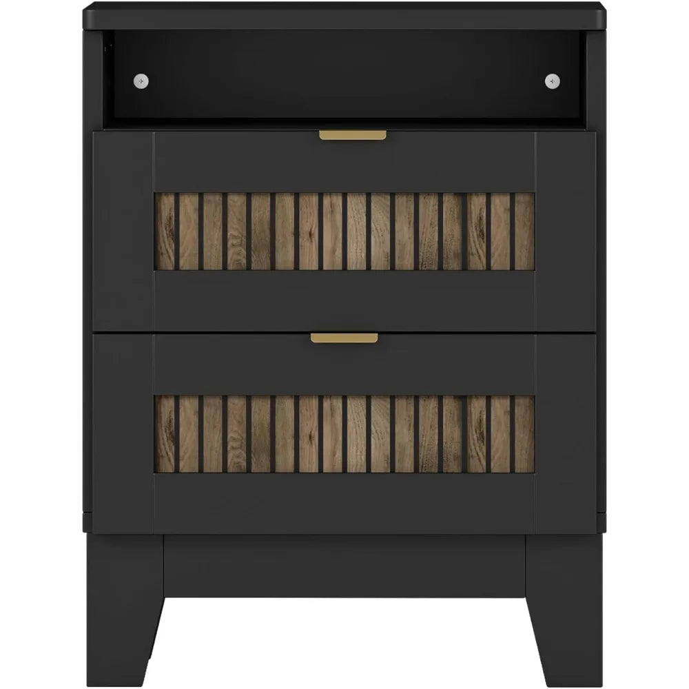 4 Piece Queen Bedroom Set, Queen Size Platform Bed with Wooden Strip Stickers Decoration, 2 Nightstands and Dresser, 4 Piece Fa