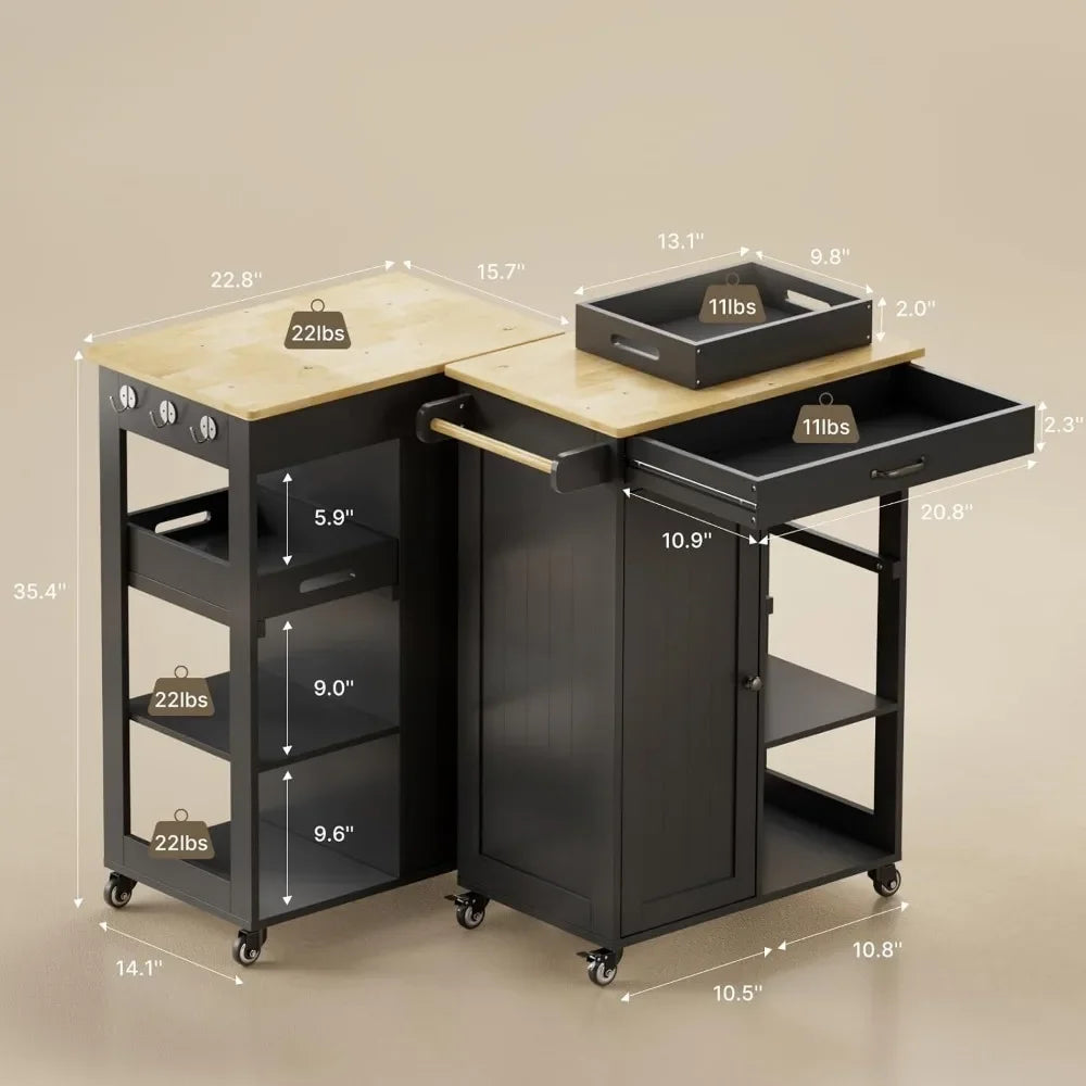 Kitchen Island Cart with Solid Wood Top, Rolling Serving Utility Trolley Cart with Drawer, Cabinet, Towel Rack, Hooks