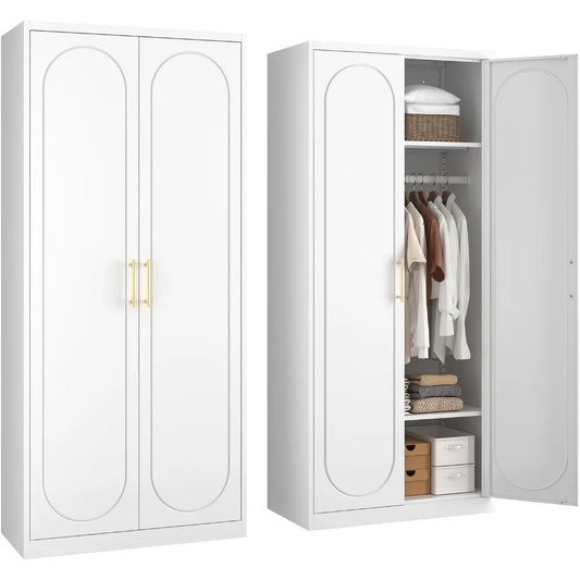 Metal Armoire Wardrobe Closet with Hanging Rod,71" Tall Wardrobe Cabinet with Doors and Adjustable Shelves,White Clothing Storag