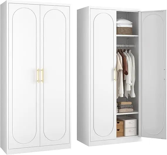Metal Armoire Wardrobe Closet with Hanging Rod,71" Tall Wardrobe Cabinet with Doors and Adjustable Shelves,White Clothing Storag