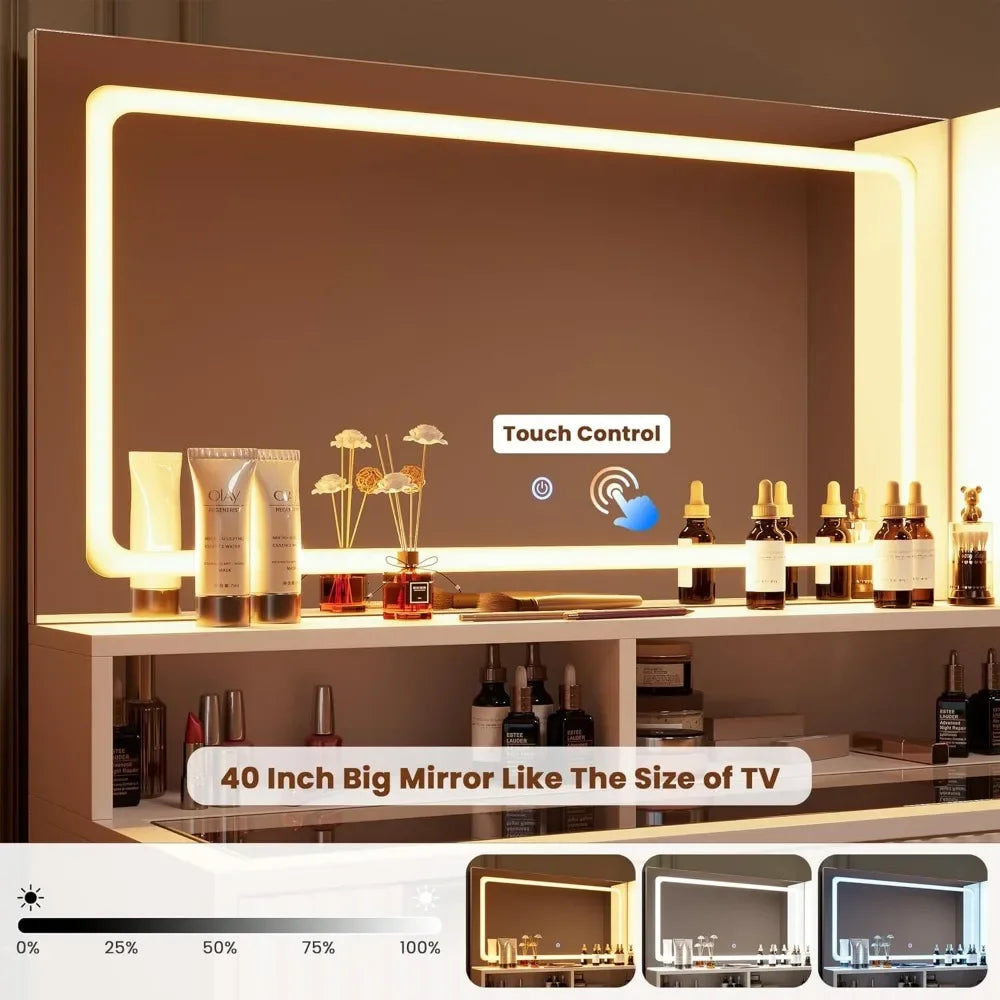 Fluted Vanity Desk with Mirror and Lights,48" Large Makeup Vanity Desk with Charging Station,Dressing Table with 4 Drawers