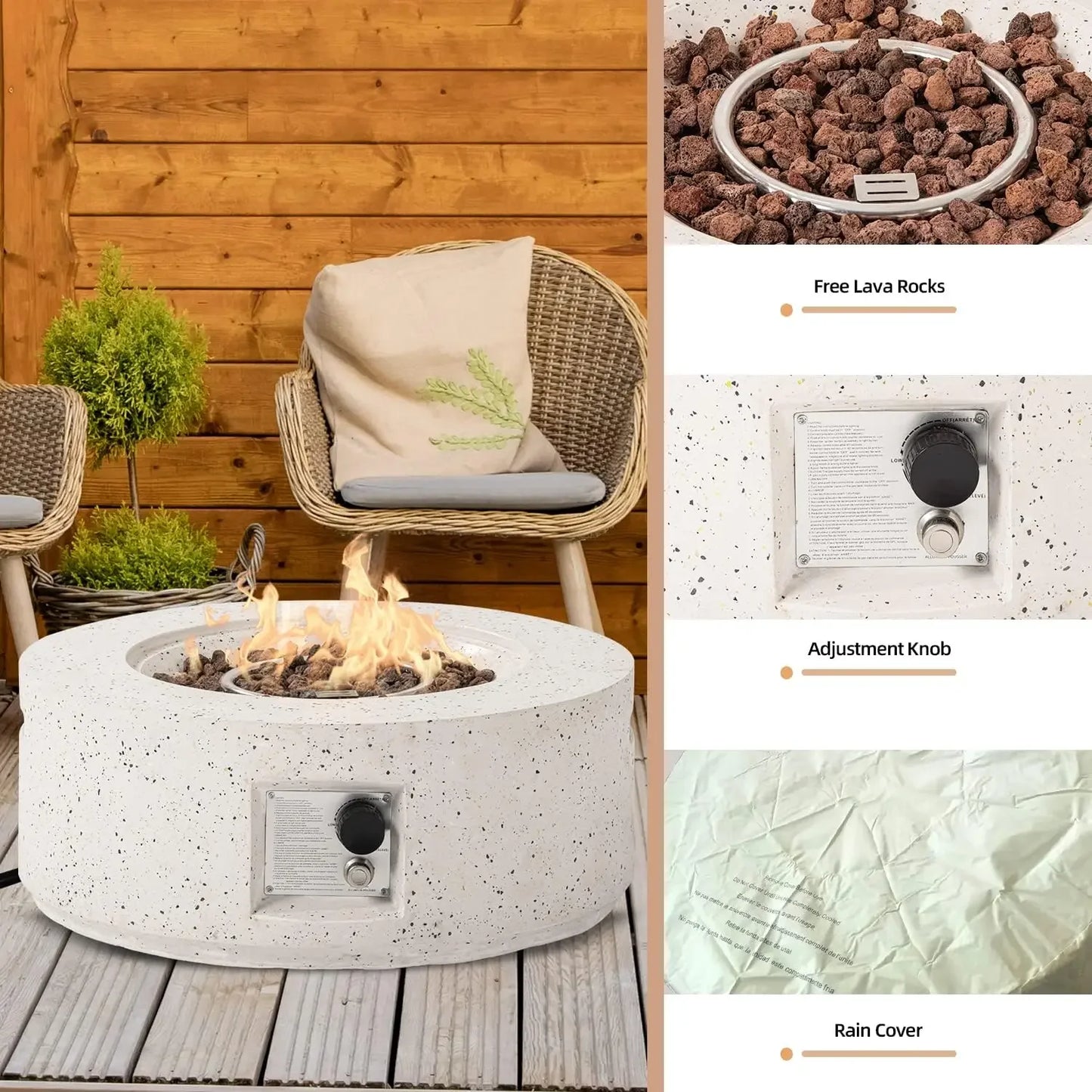 40,000 BTU 28-inch Round White Terrazzo Concrete Fire Table Gas Fire Pit w Lava Rocks and Rain Cover for Outdoor