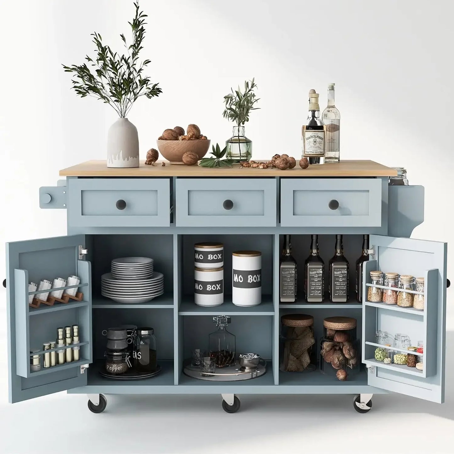 Kitchen Island with Drop Leaf, Rolling Cart with Storage Racks, Wooden Trolley on Wheels