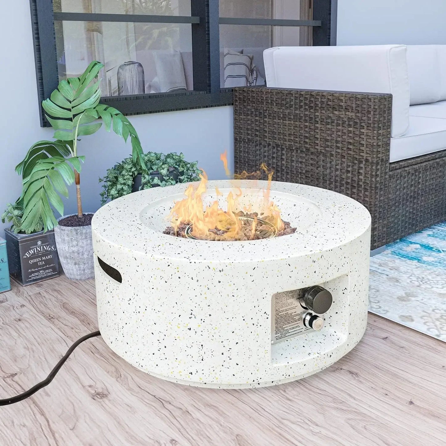 40,000 BTU 28-inch Round White Terrazzo Concrete Fire Table Gas Fire Pit w Lava Rocks and Rain Cover for Outdoor