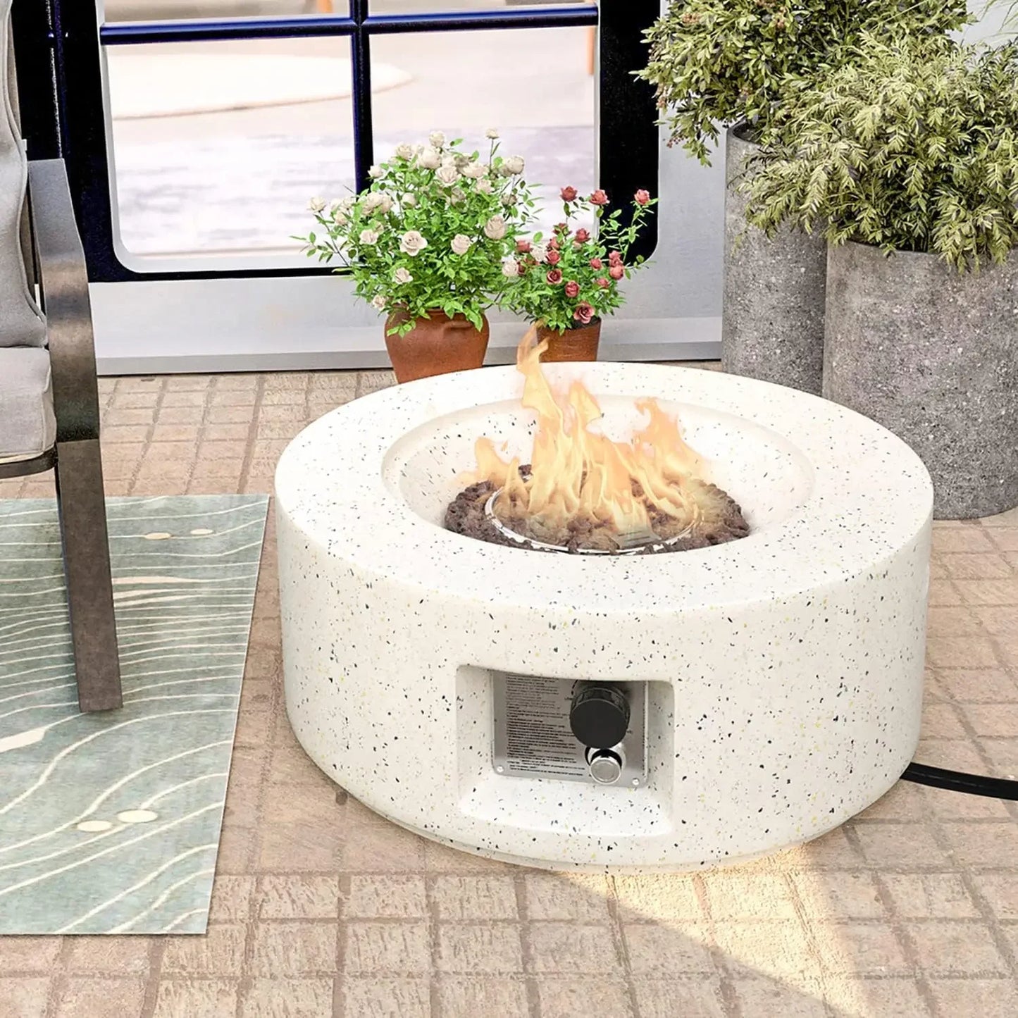 40,000 BTU 28-inch Round White Terrazzo Concrete Fire Table Gas Fire Pit w Lava Rocks and Rain Cover for Outdoor