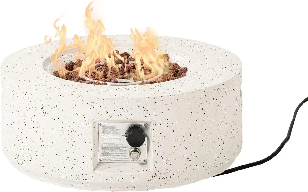 40,000 BTU 28-inch Round White Terrazzo Concrete Fire Table Gas Fire Pit w Lava Rocks and Rain Cover for Outdoor