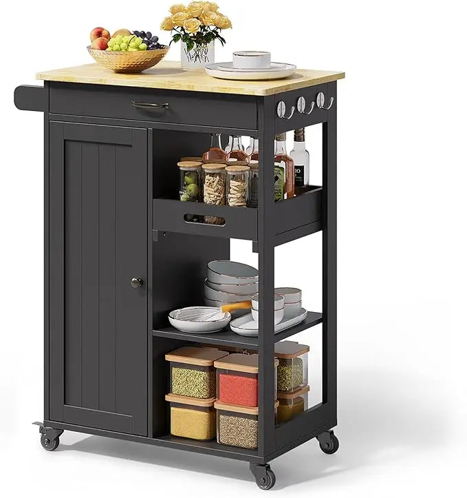 Kitchen Island Cart with Solid Wood Top, Rolling Serving Utility Trolley Cart with Drawer, Cabinet, Towel Rack, Hooks and 3 Ope