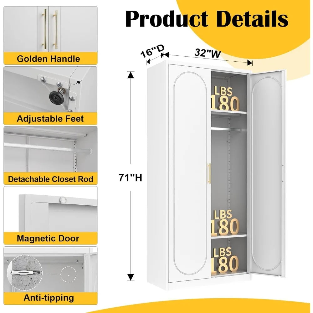 Metal Armoire Wardrobe Closet with Hanging Rod,71" Tall Wardrobe Cabinet with Doors and Adjustable Shelves,White Clothing Storag
