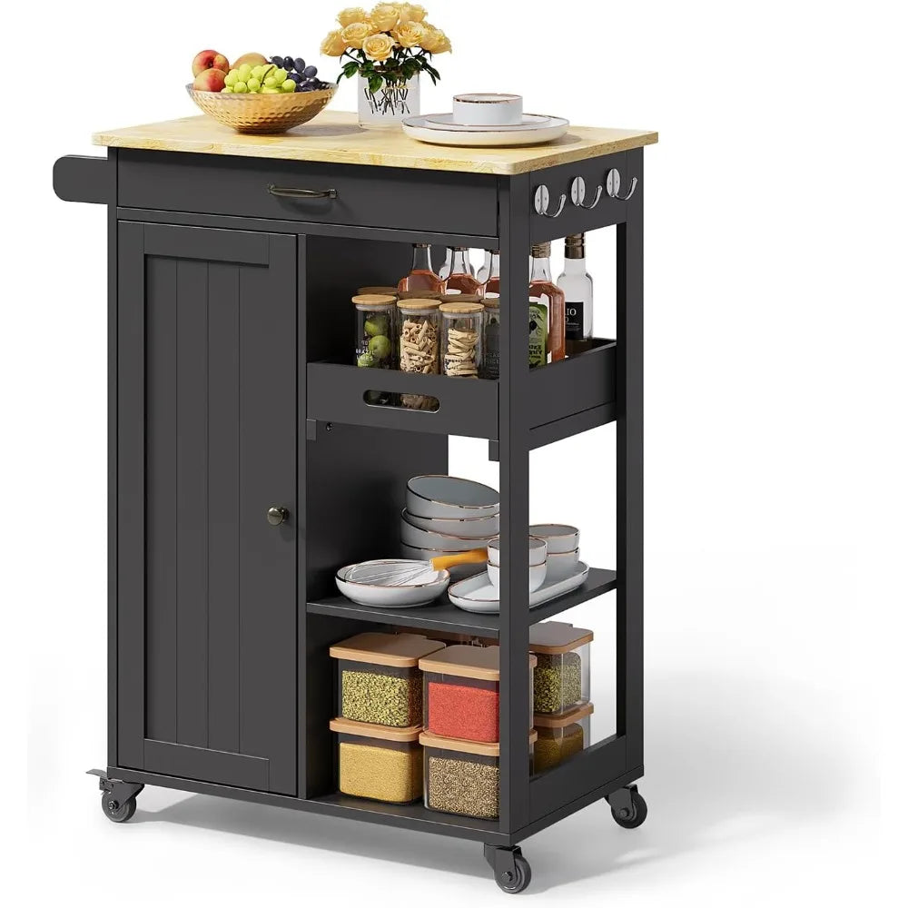 Kitchen Island Cart with Solid Wood Top, Rolling Serving Utility Trolley Cart with Drawer, Cabinet, Towel Rack, Hooks and 3 Ope