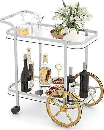 Bar Cart for The Home, 2-Tier Rolling Tempered Glass Serving Cart, 2 Large Gold Aluminum Wheels & 2 Casters, Handle, Stainless
