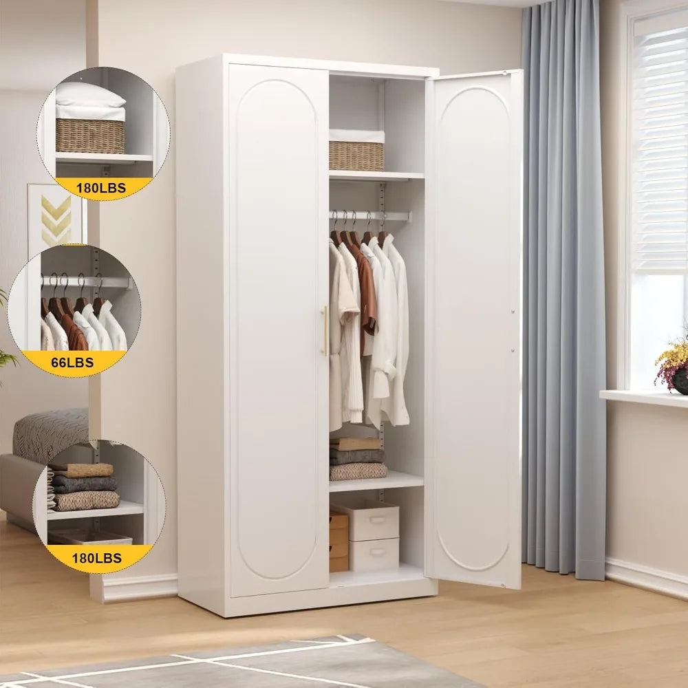 Metal Armoire Wardrobe Closet with Hanging Rod,71" Tall Wardrobe Cabinet with Doors and Adjustable Shelves,White Clothing Storag