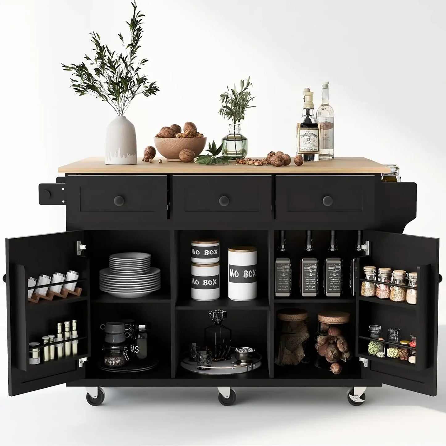 Kitchen Island with Drop Leaf, Rolling Cart with Storage Racks, Wooden Trolley on Wheels