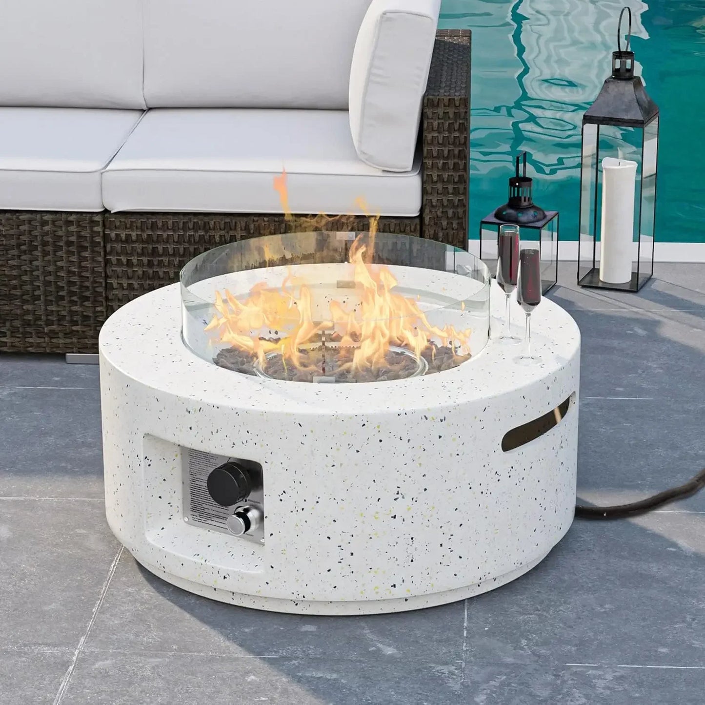 40,000 BTU 28-inch Round White Terrazzo Concrete Fire Table Gas Fire Pit w Lava Rocks and Rain Cover for Outdoor