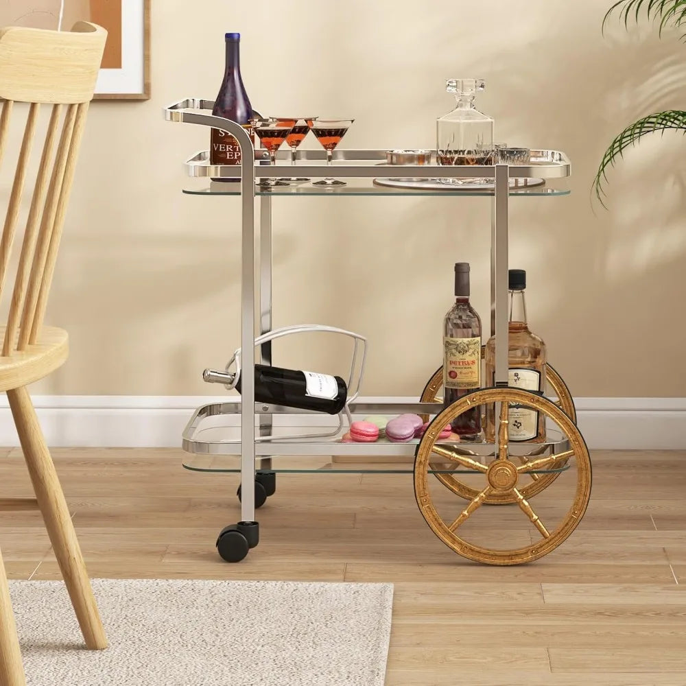 Bar Cart for The Home, 2-Tier Rolling Tempered Glass Serving Cart, 2 Large Gold Aluminum Wheels & 2 Casters, Handle, Stainless