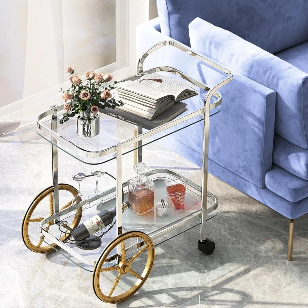 Bar Cart for The Home, 2-Tier Rolling Tempered Glass Serving Cart, 2 Large Gold Aluminum Wheels & 2 Casters, Handle, Stainless