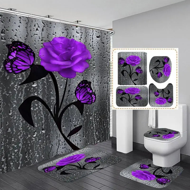 4pcs Set Doormat Shower Curtain with Non-Slip Rugs Toilet Seat Cover Bath Carpet Durable Waterproof Bathroom Home Entrance Decor