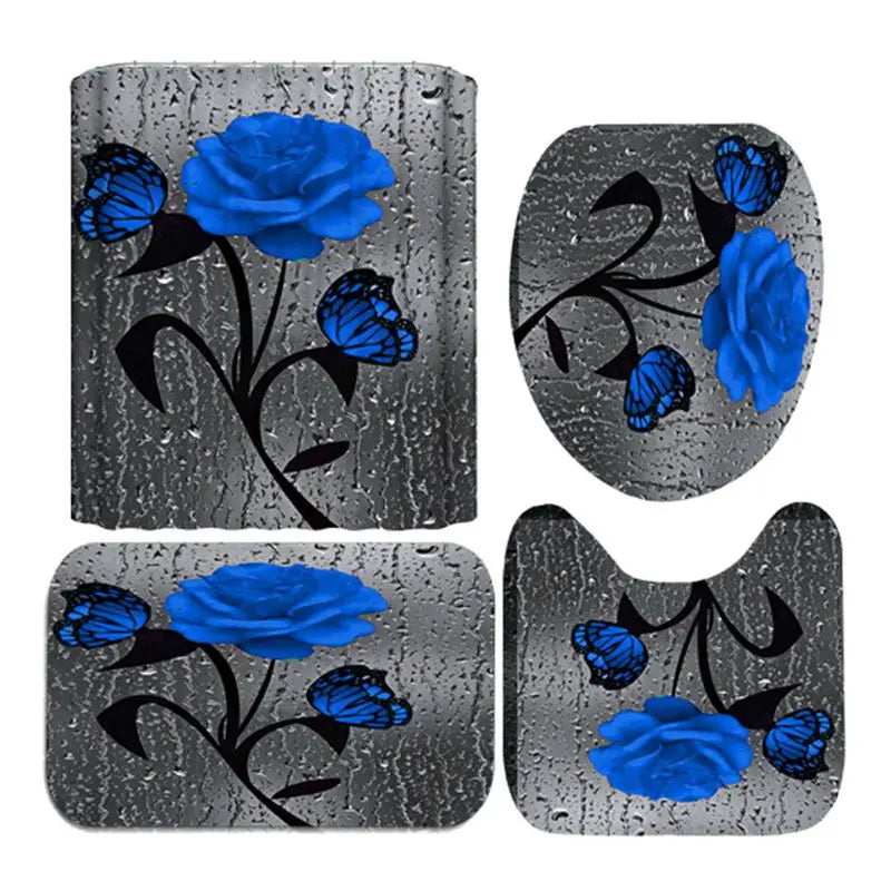 4pcs Set Doormat Shower Curtain with Non-Slip Rugs Toilet Seat Cover Bath Carpet Durable Waterproof Bathroom Home Entrance Decor