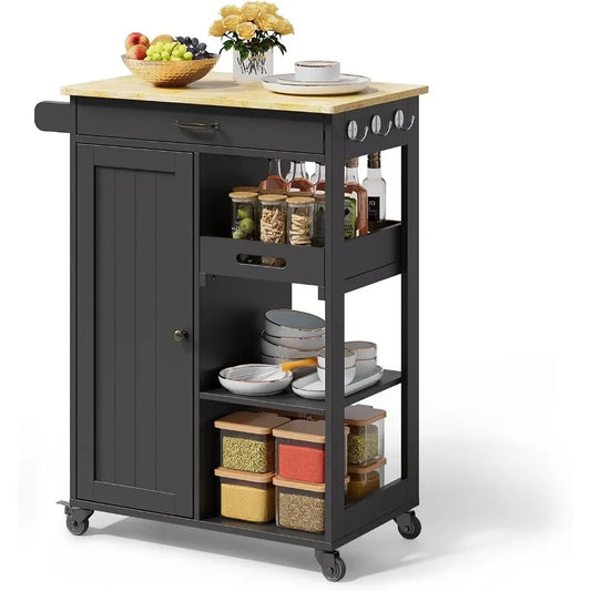 Kitchen Island Cart with Solid Wood Top, Rolling Serving Utility Trolley Cart with Drawer, Cabinet, Towel Rack, Hooks