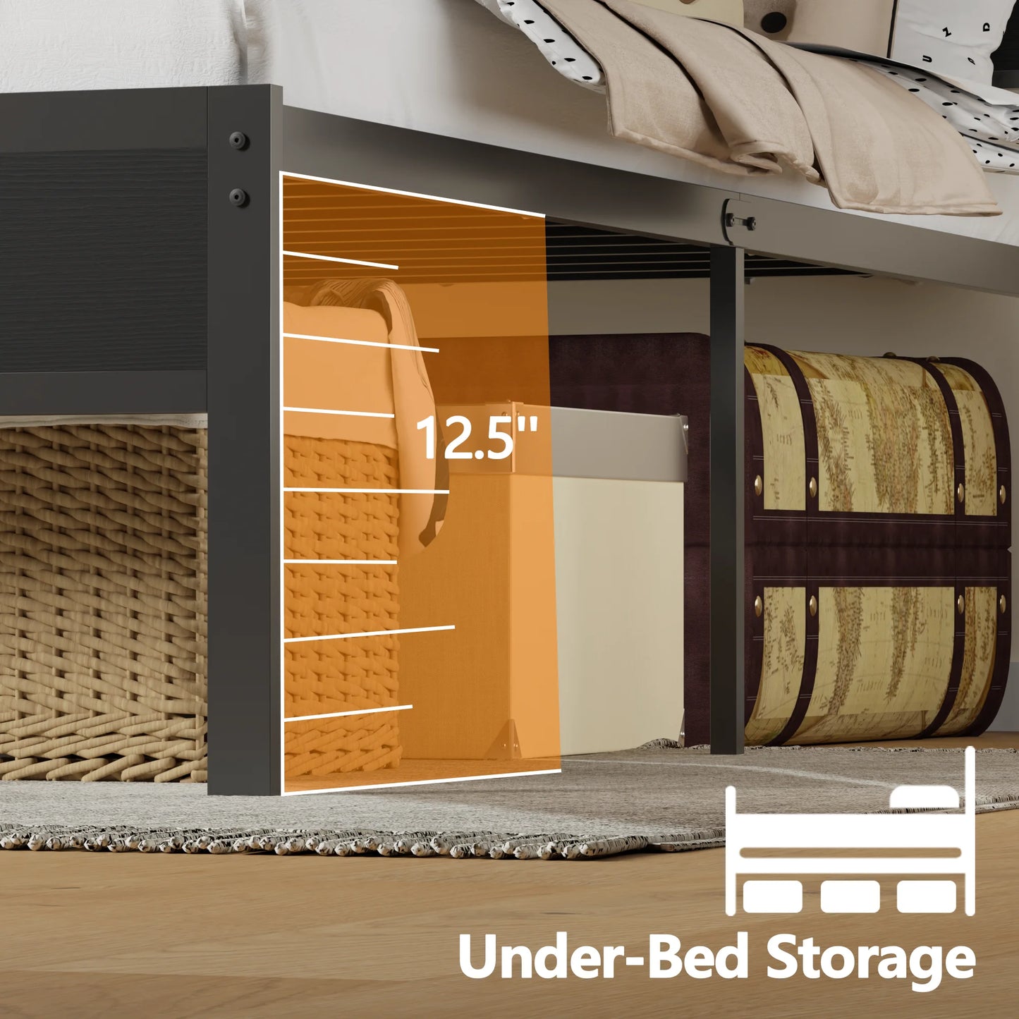 Satifur Full/Queen Size Bed Frame with LED Light and Charging Station, Wood Storage Headboard with 2-Tier Shelves,Metal Platform