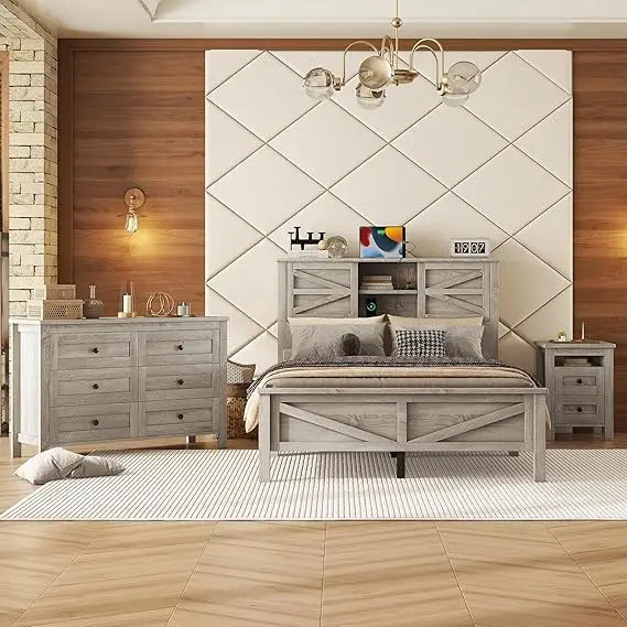 FULL SIZE Bedroom Furniture Set, Full Size Platform Bed with Nightstand and Dresser, Wood Platform Bed with Double Sliding Door