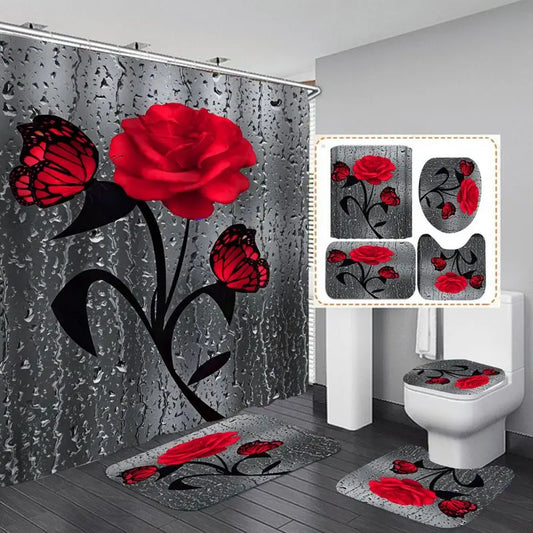 4pcs Set Doormat Shower Curtain with Non-Slip Rugs Toilet Seat Cover Bath Carpet Durable Waterproof Bathroom Home Entrance Decor