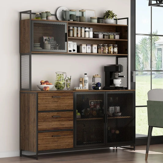 Large Kitchen Hutch Storage Cabinet, Pantry Cabinets with Hutch, Metal Frame Cupboard with Mesh Door, Drawer & Microwave Shelf,