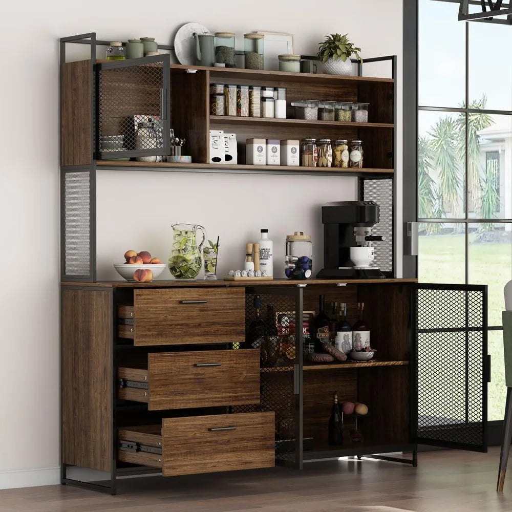 Large Kitchen Hutch Storage Cabinet, Pantry Cabinets with Hutch, Metal Frame Cupboard with Mesh Door, Drawer & Microwave Shelf,