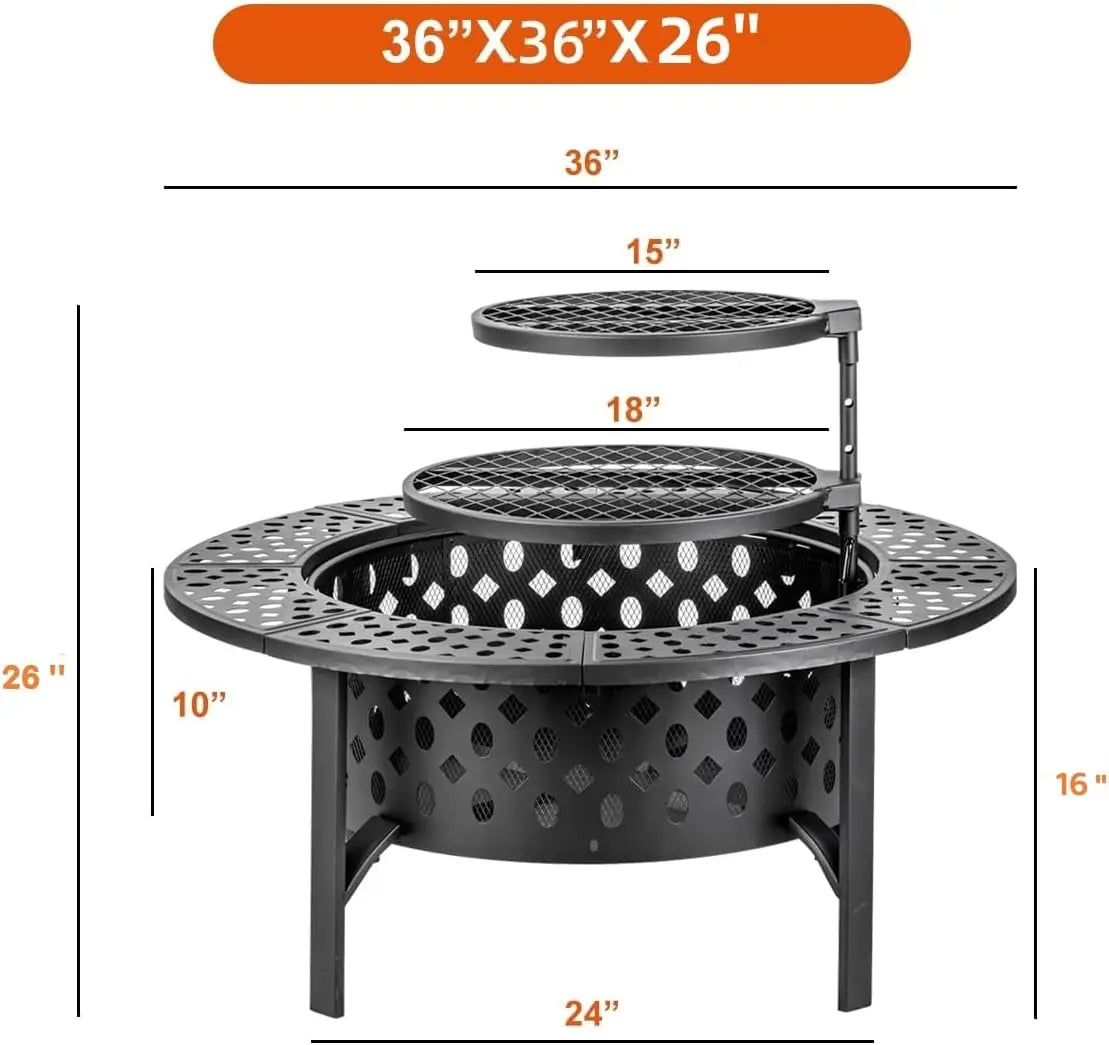 36 Inch Fire Pit with 2 Grills, Wood Burning Fire Pits for Outside with Lid, Poker & Round Waterproof Cover,BBQ& Outdoor Firepit