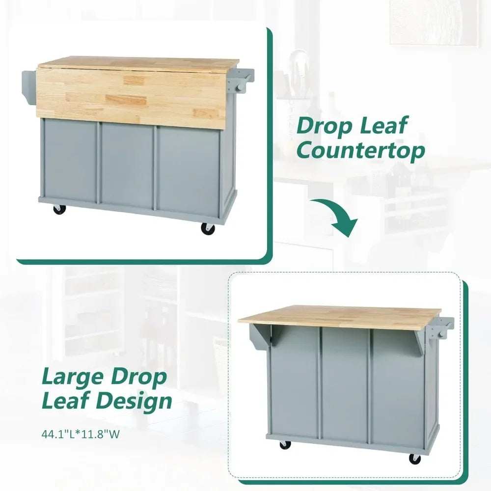 Kitchen Island with Drop Leaf, Rolling Cart with Storage Racks, Wooden Trolley on Wheels
