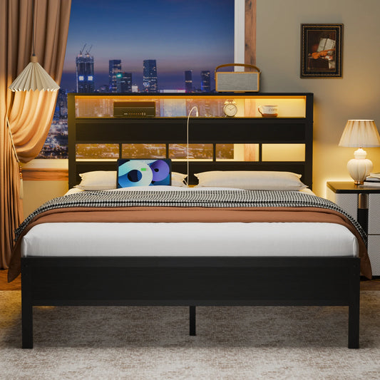Satifur Full/Queen Size Bed Frame with LED Light and Charging Station, Wood Storage Headboard with 2-Tier Shelves,Metal Platform