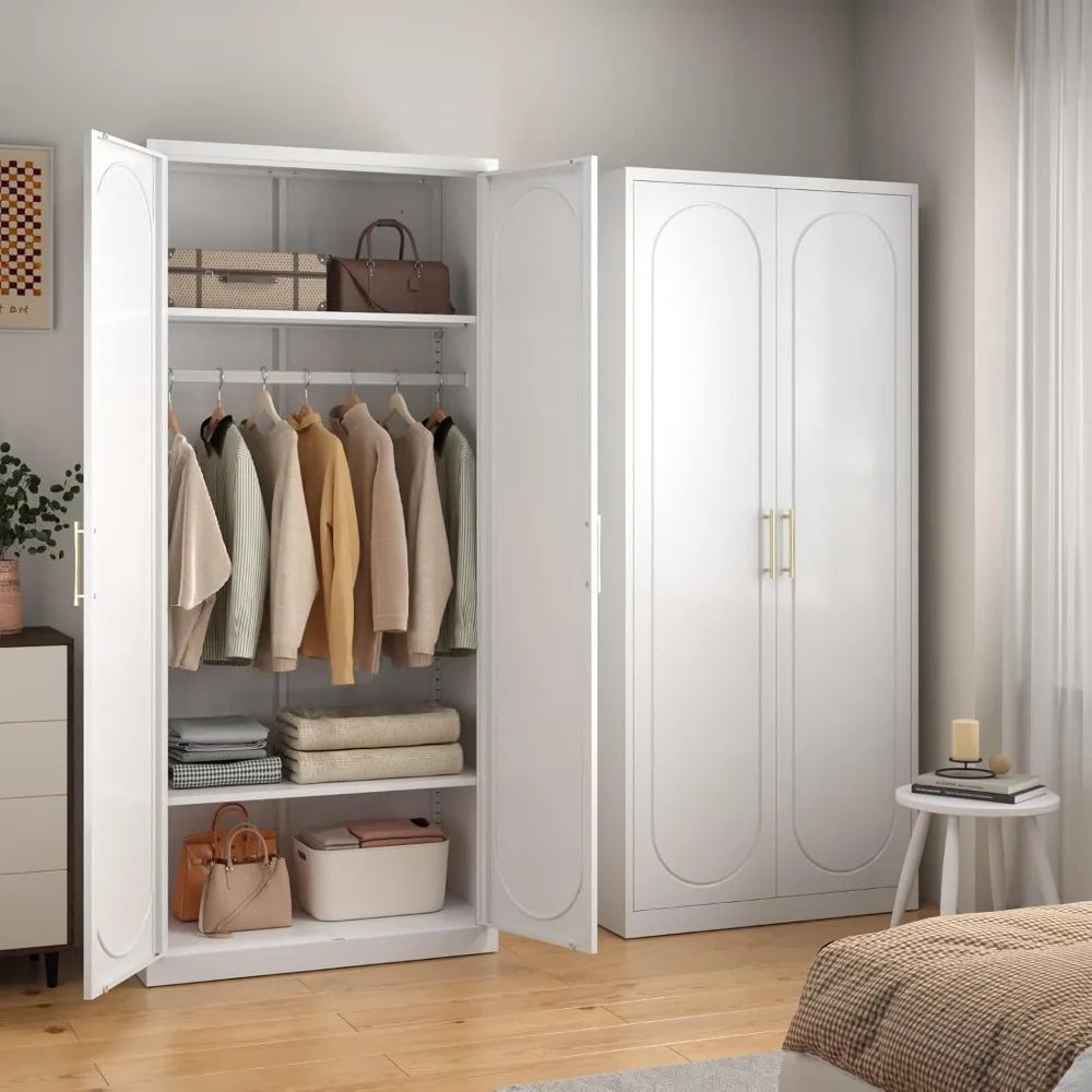 Metal Armoire Wardrobe Closet with Hanging Rod,71" Tall Wardrobe Cabinet with Doors and Adjustable Shelves，White Clothing Storag